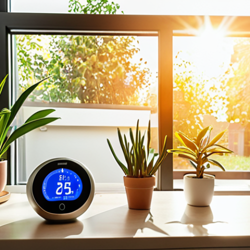 Home 11 **Prompt:** A modern smart home interior with a smart thermostat displaying energy usage statistics. Sunlight streams through the window, illuminating plants growing indoors, symbolizing energy efficiency and enhanced comfort.