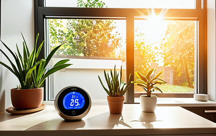**Prompt:** A modern smart home interior with a smart thermostat displaying energy usage statistics. Sunlight streams through the window, illuminating plants growing indoors, symbolizing energy efficiency and enhanced comfort.