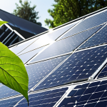 **

A vibrant, close-up image of a solar panel array designed to mimic the structure of leaves. The panels are clean and efficient, shedding water droplets, with sunlight glinting off their surfaces. The background shows a modern, eco-friendly building seamlessly integrated into a natural landscape, symbolizing sustainable technology inspired by biomimicry.

**