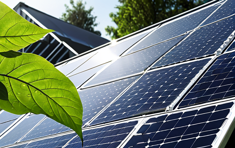 **
A vibrant, close-up image of a solar panel array designed to mimic the structure of leaves. The panels are clean and efficient, shedding water droplets, with sunlight glinting off their surfaces. The background shows a modern, eco-friendly building seamlessly integrated into a natural landscape, symbolizing sustainable technology inspired by biomimicry.
**