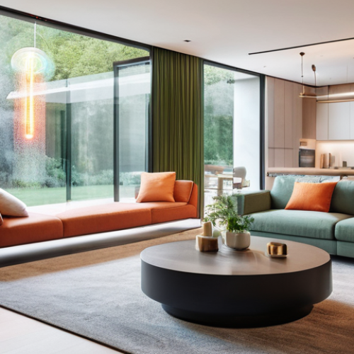 Home 4 생태적 인터페이스의 인터랙션 디자인 요소 - A serene and modern smart home living room, bathed in warm, soft light. In the center, a family of t...