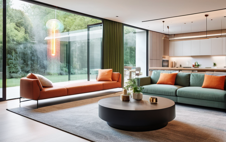 생태적 인터페이스의 인터랙션 디자인 요소 - A serene and modern smart home living room, bathed in warm, soft light. In the center, a family of t...