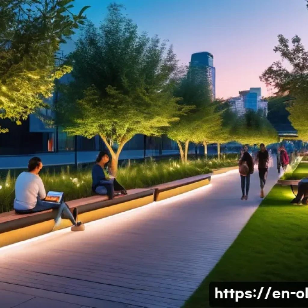 생태적 인터페이스의 사회적 영향 - A modern urban park at dusk featuring integrated ecological interfaces: sensor-embedded benches disp...
