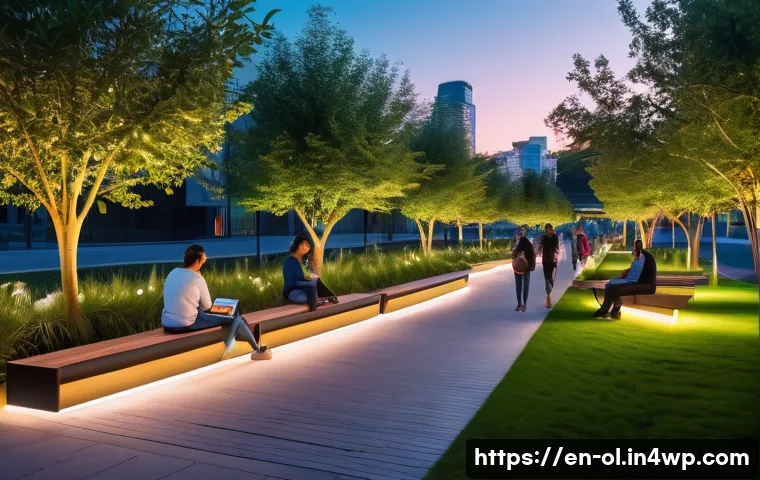 생태적 인터페이스의 사회적 영향 - A modern urban park at dusk featuring integrated ecological interfaces: sensor-embedded benches disp...