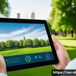 생태적 인터페이스의 접근성 표준 - A modern user interface displayed on a sleek tablet device held by a diverse group of users in a bri...