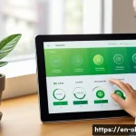 생태적 인터페이스와 사용자 경험 최적화 - A sleek, modern digital interface displaying an ecological design dashboard on a tablet held by a yo...