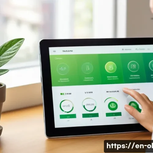 생태적 인터페이스와 사용자 경험 최적화 - A sleek, modern digital interface displaying an ecological design dashboard on a tablet held by a yo...