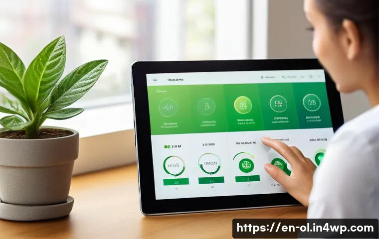 생태적 인터페이스와 사용자 경험 최적화 - A sleek, modern digital interface displaying an ecological design dashboard on a tablet held by a yo...