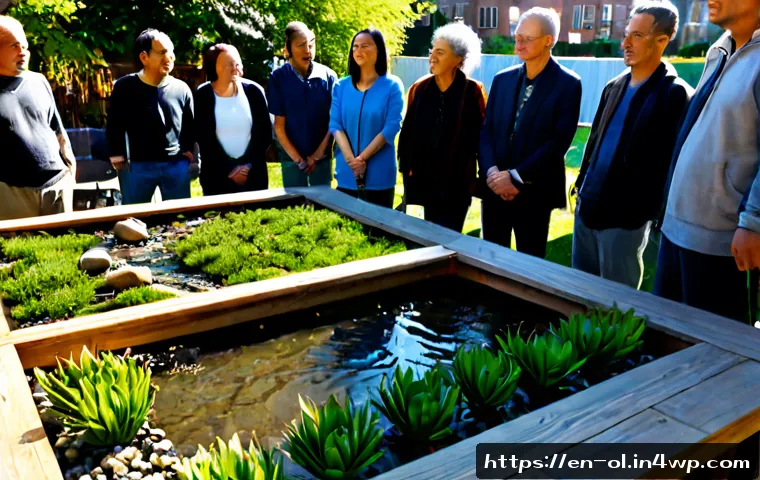 생태적 인터페이스의 커뮤니티 중심 디자인 - Photorealistic neighborhood co-design workshop in a sunlit community garden, diverse adults and seni...
