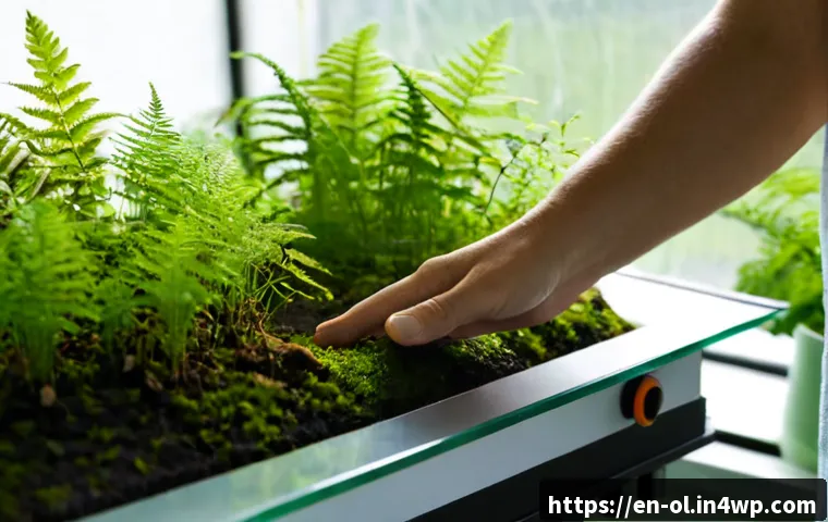 생태적 인터페이스의 실험적 접근 - Photorealistic environmental researcher testing an experimental ecological interface in a sunlit gre...