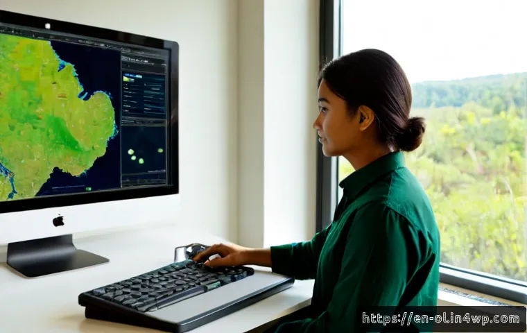 생태적 인터페이스의 데이터 마이닝 기법 - Photorealistic environmental data mining scene in a modern research workspace, a scientist viewing a...